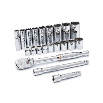 Image of the  GEARWRENCH  80557 24 Piece 3/8 Drive 6 & 12 Point Standard & Deep Metric Mechanics Tool Set on a white background showcasing the ratchet, sockets and extensions.