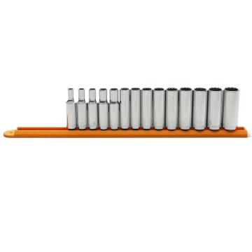 14 Piece 3/8 Drive 12 Point Deep Metric Socket Set neatly arranged on a orange socket rail.