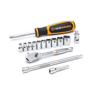 Image of the  GEARWRENCH  80650 22 Piece 3/8 Drive 12 Point Standard & Deep SAE Mechanics Tool Set on a white background showcasing the ratchet, sockets, extensions and driver.