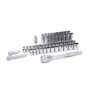 Image of the  GEARWRENCH  80700D 49 Piece 1/2 Drive 12 Point Standard & Deep SAE/Metric Mechanics Tool Set on a white background showcasing the ratchet, sockets and extensions.