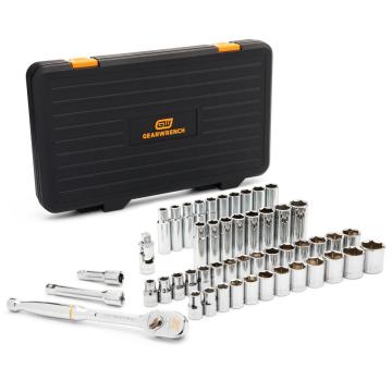49 Piece 1/2 Drive 6 Point 120XP Standard and Deep SAE/Metric Mechanics Tool Set with tools sitting in front of the black GEARWRENCH blow mold case on a white background