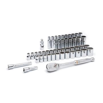 Image of the  GEARWRENCH  80701 15 Piece 1/2 Drive 6 Point Standard SAE Mechanics Tool Set on a white background showcasing the ratchet, sockets and extensions.