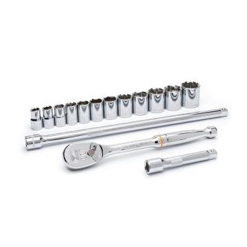 Image of the  GEARWRENCH  80706 23 Piece 1/2 Drive 12 Point Standard & 6 Point Deep SAE Mechanics Tool Set on a white background showcasing the ratchet, sockets and extensions.