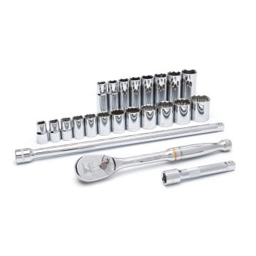 Image of the  GEARWRENCH  80707 18 Piece 1/2 Drive 6 Point Standard Metric Mechanics Tool Set on a white background showcasing the ratchet, sockets and extensions.