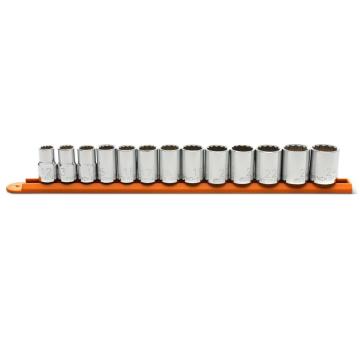 13 Piece 1/2 Drive 12 Point Standard Metric Socket Set neatly arranged on a orange socket rail.