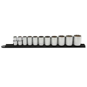 11 Piece 1/2 Drive 12 Point Standard SAE Socket Set neatly arranged on a black socket rail.
