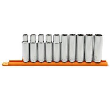 10 Piece 1/2 Drive 12 Point Deep Metric Socket Set neatly arranged on a orange socket rail.