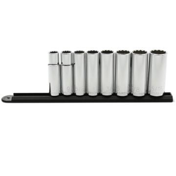 8 Piece 1/2 Drive 12 Point Deep SAE Socket Set neatly arranged on a black socket rail.