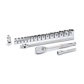Image of the  GEARWRENCH  80791 19 Piece 1/2 Drive 12 Point Standard SAE Mechanics Tool Set on a white background showcasing the ratchet, sockets and extensions.