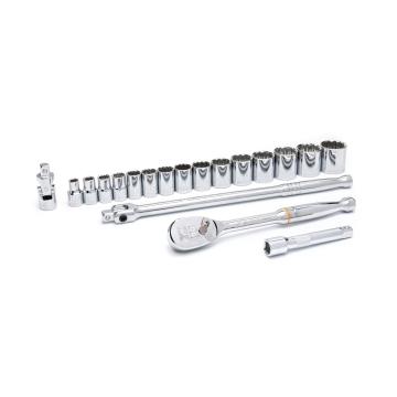 Image of the  GEARWRENCH  80792 165 Piece 1/4, 3/8 & 1/2 Drive 6 Point Standard & Deep SAE/Metric Mechanics Tool Set on a white background showcasing the ratchet, sockets and extensions.