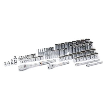 Image of the  GEARWRENCH  80948 68 Piece 1/4 & 3/8 Drive 6 & 12 Point Standard & Deep SAE/Metric Mechanics Tool Set on a white background showcasing the ratchet, sockets and extensions.