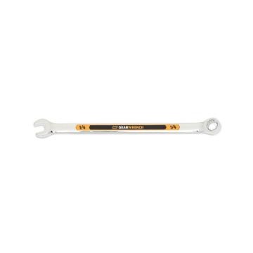 Image of the GEARWRENCH  1/4 12 Point Hi-Viz Long Pattern Combination Wrench with the open end towards the left and the closed end towards the right showcasing the bold, large high-visibility color size markings for quick identification.