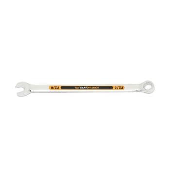 Image of the GEARWRENCH  9/32 12 Point Hi-Viz Long Pattern Combination Wrench with the open end towards the left and the closed end towards the right showcasing the bold, large high-visibility color size markings for quick identification.