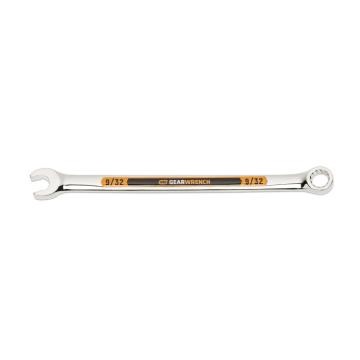 Image of the GEARWRENCH  9/32 12 Point Hi-Viz Long Pattern Combination Wrench with the open end towards the left and the closed end towards the right showcasing the bold, large high-visibility color size markings for quick identification.
