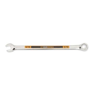Image of the GEARWRENCH  5/16 12 Point Hi-Viz Long Pattern Combination Wrench with the open end towards the left and the closed end towards the right showcasing the bold, large high-visibility color size markings for quick identification.