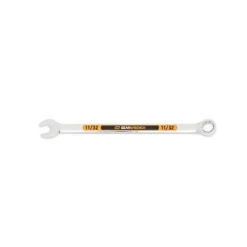 Image of the GEARWRENCH  11/32 12 Point Hi-Viz Long Pattern Combination Wrench with the open end towards the left and the closed end towards the right showcasing the bold, large high-visibility color size markings for quick identification.