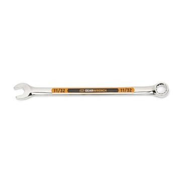Image of the GEARWRENCH  11/32 12 Point Hi-Viz Long Pattern Combination Wrench with the open end towards the left and the closed end towards the right showcasing the bold, large high-visibility color size markings for quick identification.