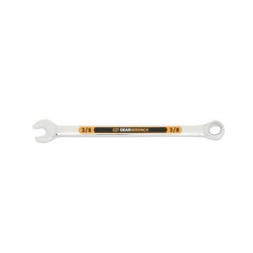 Image of the GEARWRENCH  3/8 12 Point Hi-Viz Long Pattern Combination Wrench with the open end towards the left and the closed end towards the right showcasing the bold, large high-visibility color size markings for quick identification.