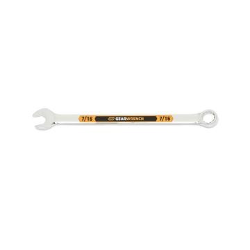 Image of the GEARWRENCH  7/16 12 Point Hi-Viz Long Pattern Combination Wrench with the open end towards the left and the closed end towards the right showcasing the bold, large high-visibility color size markings for quick identification.