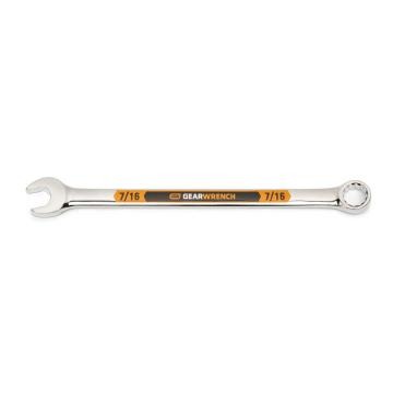 Image of the GEARWRENCH  7/16 12 Point Hi-Viz Long Pattern Combination Wrench with the open end towards the left and the closed end towards the right showcasing the bold, large high-visibility color size markings for quick identification.