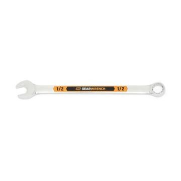 Image of the GEARWRENCH  1/2 12 Point Hi-Viz Long Pattern Combination Wrench with the open end towards the left and the closed end towards the right showcasing the bold, large high-visibility color size markings for quick identification.