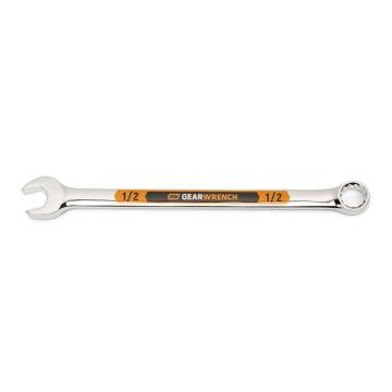 Image of the GEARWRENCH  1/2 12 Point Hi-Viz Long Pattern Combination Wrench with the open end towards the left and the closed end towards the right showcasing the bold, large high-visibility color size markings for quick identification.