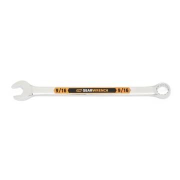 Image of the GEARWRENCH  9/16 12 Point Hi-Viz Long Pattern Combination Wrench with the open end towards the left and the closed end towards the right showcasing the bold, large high-visibility color size markings for quick identification.