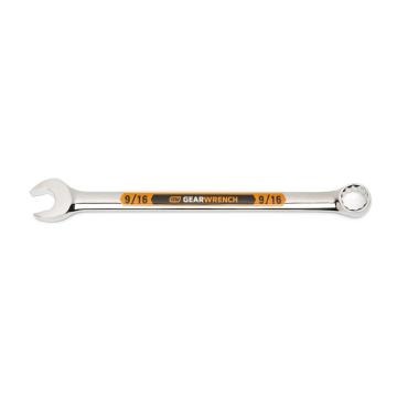 Image of the GEARWRENCH  9/16 12 Point Hi-Viz Long Pattern Combination Wrench with the open end towards the left and the closed end towards the right showcasing the bold, large high-visibility color size markings for quick identification.