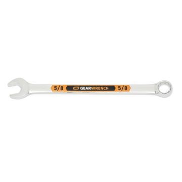 Image of the GEARWRENCH  5/8 12 Point Hi-Viz Long Pattern Combination Wrench with the open end towards the left and the closed end towards the right showcasing the bold, large high-visibility color size markings for quick identification.