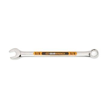 Image of the GEARWRENCH  5/8 12 Point Hi-Viz Long Pattern Combination Wrench with the open end towards the left and the closed end towards the right showcasing the bold, large high-visibility color size markings for quick identification.