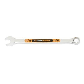 Image of the GEARWRENCH  11/16 12 Point Hi-Viz Long Pattern Combination Wrench with the open end towards the left and the closed end towards the right showcasing the bold, large high-visibility color size markings for quick identification.