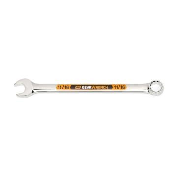 Image of the GEARWRENCH  11/16 12 Point Hi-Viz Long Pattern Combination Wrench with the open end towards the left and the closed end towards the right showcasing the bold, large high-visibility color size markings for quick identification.