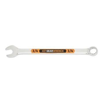 Image of the GEARWRENCH  3/4 12 Point Hi-Viz Long Pattern Combination Wrench with the open end towards the left and the closed end towards the right showcasing the bold, large high-visibility color size markings for quick identification.