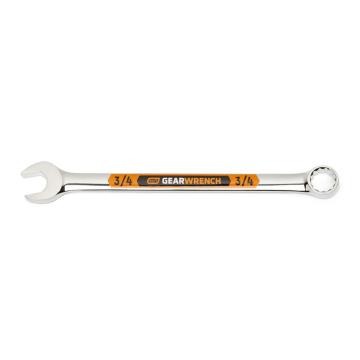 Image of the GEARWRENCH  3/4 12 Point Hi-Viz Long Pattern Combination Wrench with the open end towards the left and the closed end towards the right showcasing the bold, large high-visibility color size markings for quick identification.
