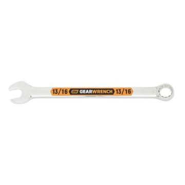 Image of the GEARWRENCH  13/16 12 Point Hi-Viz Long Pattern Combination Wrench with the open end towards the left and the closed end towards the right showcasing the bold, large high-visibility color size markings for quick identification.
