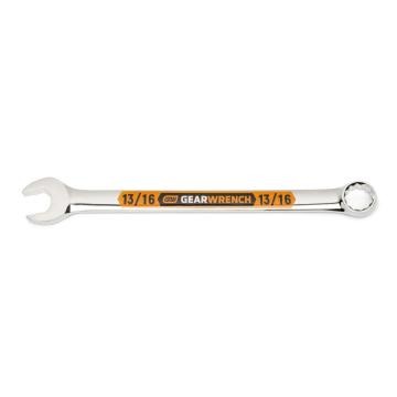Image of the GEARWRENCH  13/16 12 Point Hi-Viz Long Pattern Combination Wrench with the open end towards the left and the closed end towards the right showcasing the bold, large high-visibility color size markings for quick identification.