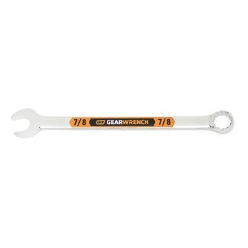 Image of the GEARWRENCH  7/8 12 Point Hi-Viz Long Pattern Combination Wrench with the open end towards the left and the closed end towards the right showcasing the bold, large high-visibility color size markings for quick identification.