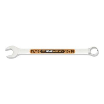 Image of the GEARWRENCH  15/16 12 Point Hi-Viz Long Pattern Combination Wrench with the open end towards the left and the closed end towards the right showcasing the bold, large high-visibility color size markings for quick identification.