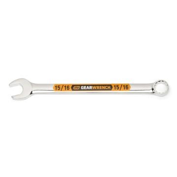 Image of the GEARWRENCH  15/16 12 Point Hi-Viz Long Pattern Combination Wrench with the open end towards the left and the closed end towards the right showcasing the bold, large high-visibility color size markings for quick identification.