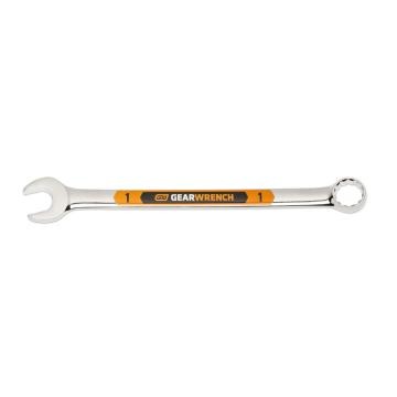 Image of the GEARWRENCH  1 12 Point Hi-Viz Long Pattern Combination Wrench with the open end towards the left and the closed end towards the right showcasing the bold, large high-visibility color size markings for quick identification.