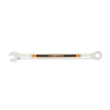 Image of the GEARWRENCH  8mm 12 Point Hi-Viz Long Pattern Combination Wrench with the open end towards the left and the closed end towards the right showcasing the bold, large high-visibility color size markings for quick identification.