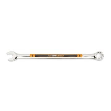 Image of the GEARWRENCH  8mm 12 Point Hi-Viz Long Pattern Combination Wrench with the open end towards the left and the closed end towards the right showcasing the bold, large high-visibility color size markings for quick identification.