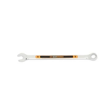 Image of the GEARWRENCH  9mm 12 Point Hi-Viz Long Pattern Combination Wrench with the open end towards the left and the closed end towards the right showcasing the bold, large high-visibility color size markings for quick identification.