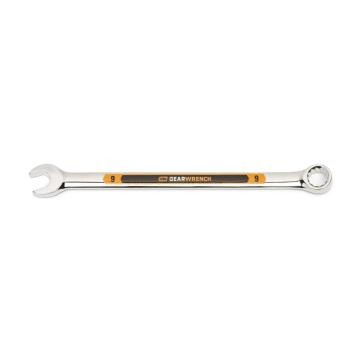 Image of the GEARWRENCH  9mm 12 Point Hi-Viz Long Pattern Combination Wrench with the open end towards the left and the closed end towards the right showcasing the bold, large high-visibility color size markings for quick identification.