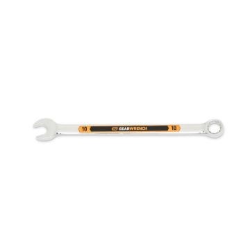 Image of the GEARWRENCH  10mm 12 Point Hi-Viz Long Pattern Combination Wrench with the open end towards the left and the closed end towards the right showcasing the bold, large high-visibility color size markings for quick identification.