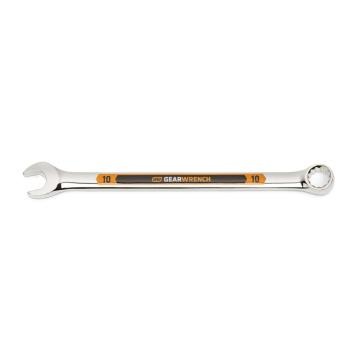 Image of the GEARWRENCH  10mm 12 Point Hi-Viz Long Pattern Combination Wrench with the open end towards the left and the closed end towards the right showcasing the bold, large high-visibility color size markings for quick identification.