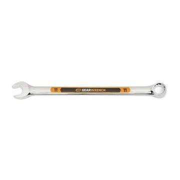 Image of the GEARWRENCH  11mm 12 Point Hi-Viz Long Pattern Combination Wrench with the open end towards the left and the closed end towards the right showcasing the bold, large high-visibility color size markings for quick identification.