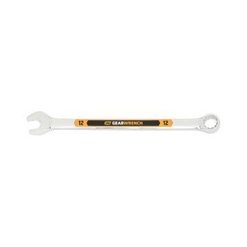 Image of the GEARWRENCH  12mm 12 Point Hi-Viz Long Pattern Combination Wrench with the open end towards the left and the closed end towards the right showcasing the bold, large high-visibility color size markings for quick identification.
