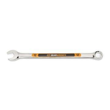 Image of the GEARWRENCH  12mm 12 Point Hi-Viz Long Pattern Combination Wrench with the open end towards the left and the closed end towards the right showcasing the bold, large high-visibility color size markings for quick identification.