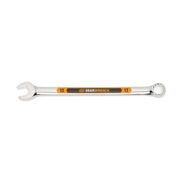 Image of the GEARWRENCH  13mm 12 Point Hi-Viz Long Pattern Combination Wrench with the open end towards the left and the closed end towards the right showcasing the bold, large high-visibility color size markings for quick identification.